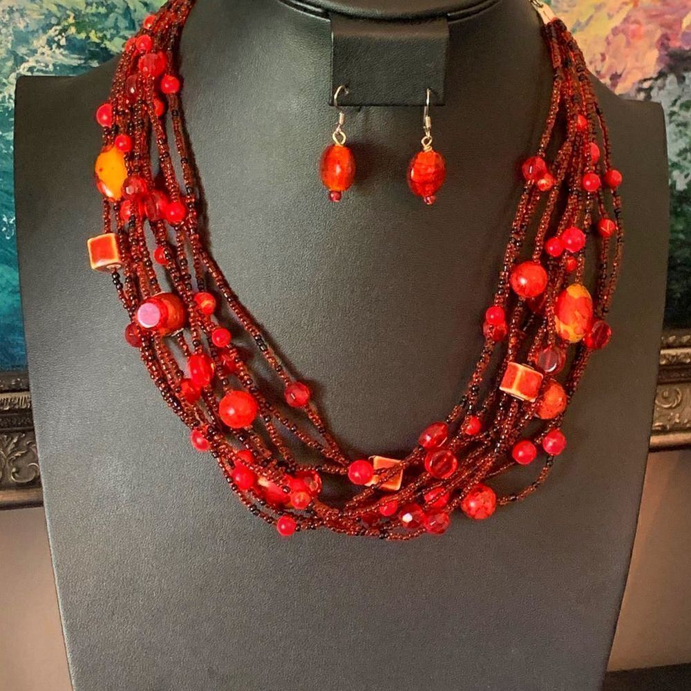Esmor Lamp Work Red Glass/Wood Bead Multistrand Necklace Set, Stamped